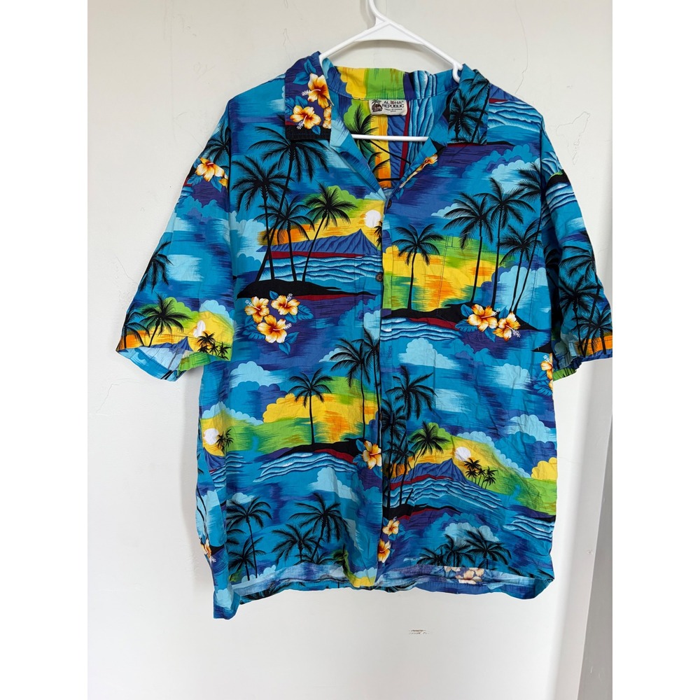Aloha Republic Mens Hawaiian Shirt Blue Tropical Palm Tree Sunset Cotton XL USA‎
